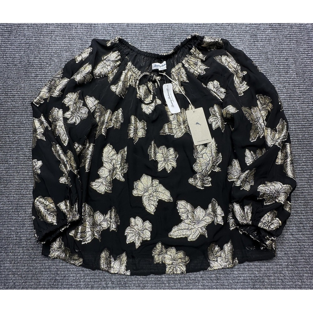 Tommy Bahama Blouse Womens M Black Metallic Peasant Off Shoulder Long Sleeve Top